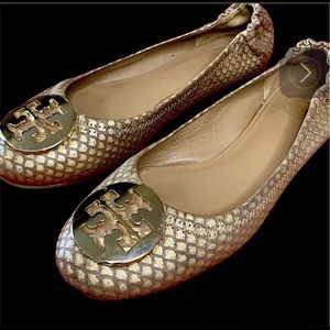 $248 Tory Burch metallic gold flats leather Slip-on ballet flats.